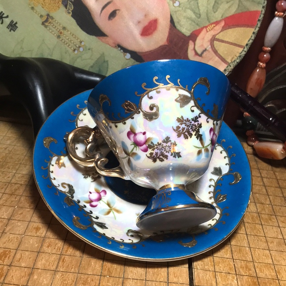 3 Royal Sealy Japan Cup Saucer Pairs Lusterware Teal Purple Blossoms Gold Trim